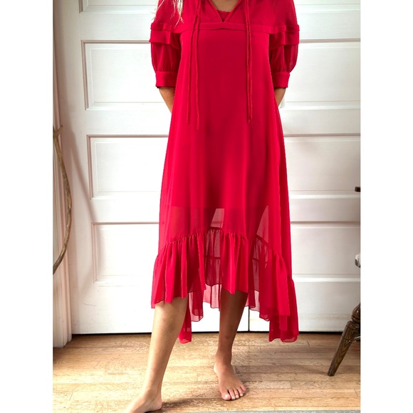 Sandro Paris Red Ruffled Midi Dress – Size 36 small - Picture 1 of 9